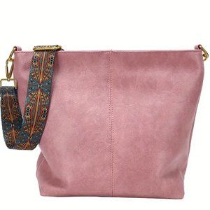 Retro Boho Pink Vegan Leather Geometric Strap Crossbody Shoulder Bag Purse NEW